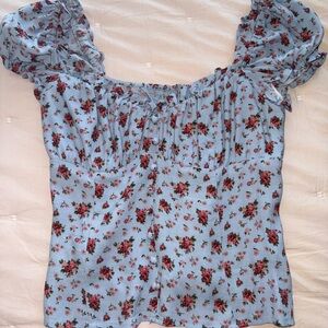 Reformation Blue Smocked Ruffled Cap Sleeve Blouse